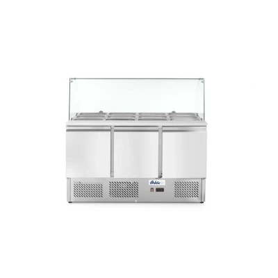 Abbildung von HENDI Saladette 380 l mit Glasaufsatz 3 türig 4x GN 1/1 inkl. Böden 136,5 x 70 130 cm, Gastro Edelstahl Kühltisch Glasabdeckung