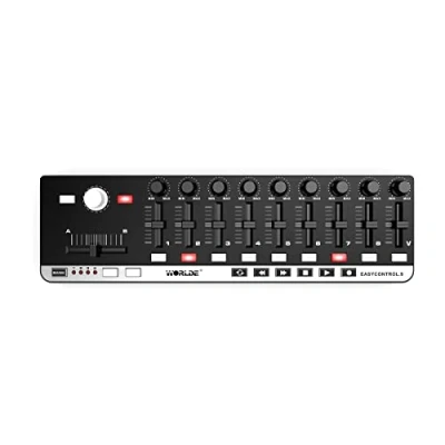 Abbildung von Worlde Easycontrol Midi controller für DAW und synths mit 9 Faders 10 Knöpfen 20 Schaltern 4 memory banks
