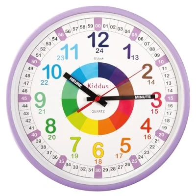 Abbildung von Kiddus Wanduhr für Kinder. Analoger Zeitlehrer mit Zeitlernübungen. Stilles Uhr. Viele Sprachen. Français XL Rose