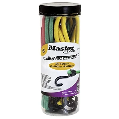Abbildung von Master Lock 3040EURDAT Gummi Spannseile mit Haken [Set 6 Spannseilen] [2 x 60 cm + 2 80 100 cm] [Doppelter Invershaken] Ideal zum Transportieren, Verpacken und Sichern von Lasten
