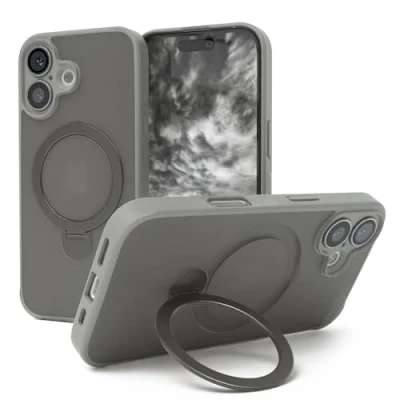 Abbildung von EAZY CASE Qi Charging Handyhülle für iPhone 16 Hülle mit Ständer Matte Schutzhülle Ultra Aufprallschutz Stoßfest und Kratzfest 360 Ring zum Aufstellen Cover Grau