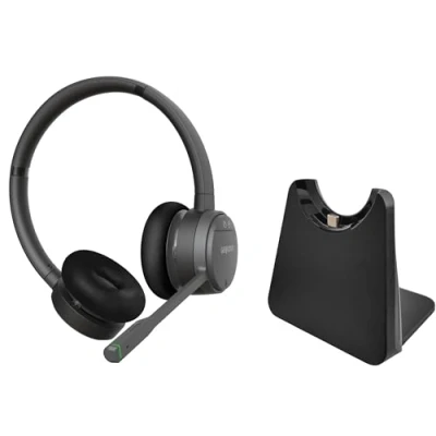 Abbildung von GEQUDIO GC 2 DECT Headset mit Ladestation für FritzBox Kabellos Telefonieren am FritzFon Duales Bluetooth (2 Ohr) &amp; Ladeschale