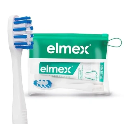 Abbildung von elmex Sensitive Reise Zahnpasta für empfindliche Zähne, weiche Zahnbürste, Zahnpasta, 12 ml, kompakt und praktisch
