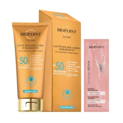 Abbildung von Biopoint Solaire Sonnenmilch für den Körper, sublimierend, mit Bräunungsbeschleuniger, verleiht eine goldene und strahlende Haut, 200 ml, Shampoo Extreme Repair 10 ml