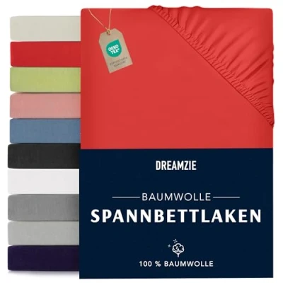 Abbildung von Dreamzie Spannbettlaken 140x190/200cm Baumwolle Oeko Tex Zertifiziert Rot 100% Jersey Spannbetttuch 140x190/200
