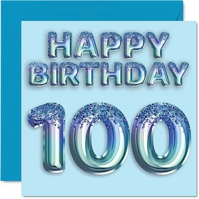 Abbildung von Geburtstagskarte zum 100. Geburtstag für Männer Blauer Glitzer Partyballon Happy Birthday Karten 100 Jahre alten Mann, Großvater, Vater, Oma, 145 mm x mm, Grußkarten,