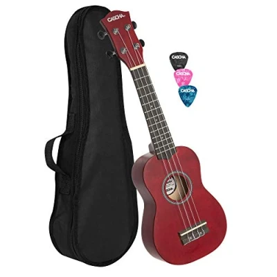 Abbildung von CASCHA Sopran Ukulele Set für Kinder und Erwachsene I Starter Kit mit 3 Plektren Tasche Aquila Saiten Nylon Kleine Hawaii Gitarre Anfänger Fortgeschrittene Rot HH 3961