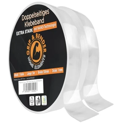 Abbildung von Doppelseitiges Klebeband Nano Tape Doppelseitig Transparent und extra stark Spurloses Multifunktionales Rutschfestes Nanotape dünn (1mm) (2 x 5 Meter (10mm Breite))