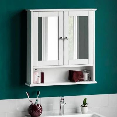 Abbildung von Bath Vida Badezimmer Spiegelschrank, 2 Türen, Wandmontage, Aufbewahrungseinheit mit Ablagefach, Holz, weiß