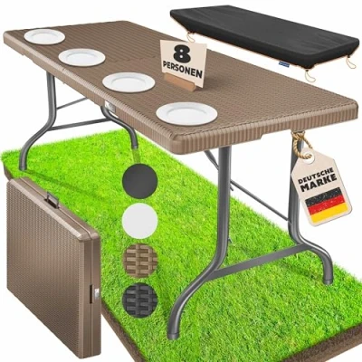 Abbildung von KESSER® Buffettisch Tisch klappbar Kunststoff 183x76cm Rattan Optik Campingtisch Partytisch Klapptisch Gartentisch 6 Personen Garten Terrasse &amp; Balkon zusammenklappbar inkl. Tragegriff Cover, Braun