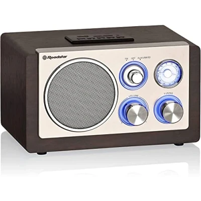 Abbildung von Roadstar HRA 1345NUSWD Vintage Radio FM Analoges, Tragbares, USB Anschluss für MP3, SD Kartenleser, 16W 1 Weg Lautsprecher, Kompaktes Retro Haus und Küche, LED Beleuchtung, Holz