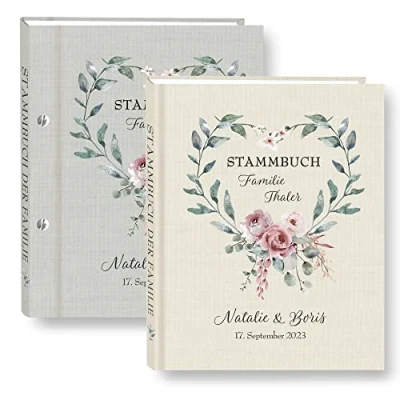 Abbildung von Stammbuch der Familie personalisiert Dusty grau o. beige A4 ca. 24 x 31 cm Familienstammbuch Blüten Ranke grün Stammbücher Handarbeit