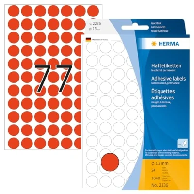 Abbildung von HERMA 2236 Punktaufkleber Klebepunkte leuchtrot, 1848 Stück, Ø 13 mm, 77 pro Bogen, selbstklebend, Markierungspunkte für Kalender Planer Basteln, matt, blanko Papier Farbpunkte Aufkleber