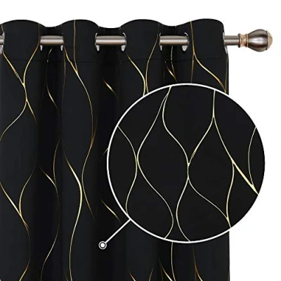 Abbildung von Deconovo Vorhänge Verdunkelungsgardinen Blickdicht Ösenvorhang Schlafzimmer Thermogardinen, 229x117 cm(HöhexBreite), Schwarz, 2er Set