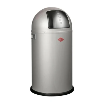 Abbildung von Wesco Pushboy Mülleimer in der Farbe silber, pulverbeschichtetes Stahlblech, 50 Liter Volumen, große Edelstahlklappe, herausnehmbarer Innenbehälter