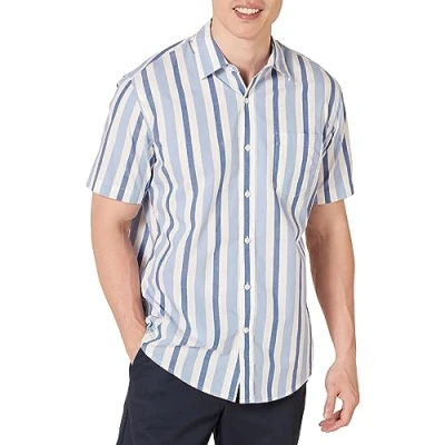 Abbildung von Amazon Essentials Herren Kurzärmeliges Hemd aus Popeline, Normale Passform, Blau Weiß Streifen, XXL