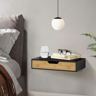 Abbildung von en.casa Wandregal, »Bokn« mit Schublade 40 x 24 8 cm Bambus Schwarz