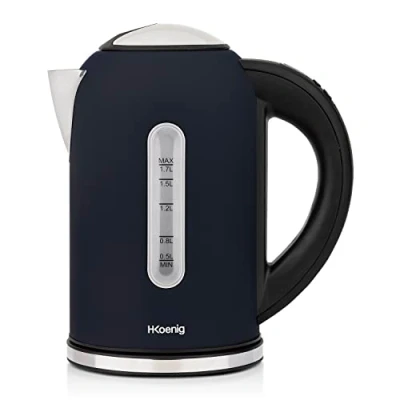 Abbildung von H.Koenig BOE56 Elektrischer Wasserkocher, 2200 W, Kapazität 1,7 l, Basis 360 Grad, Dunkelblau