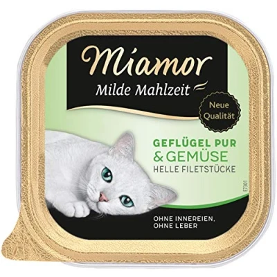Abbildung von MIAMOR Milde Mahlzeit Nassfutter für ausgewachsene Katzen mit Filetstückchen vom Geflügel. Leicht verdauliches Ergänzungsfutter im Schälchen ohne Zusatzstoffe 16x100g Geflügel Pur &amp; Gemüse