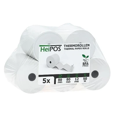 Abbildung von HeiGroup HeiPOS 5x Kassenrollen Thermorollen 80 mm x m 12 55 g/m² Papier Für EC Cash, Kreditkarten Kassensysteme und mehr