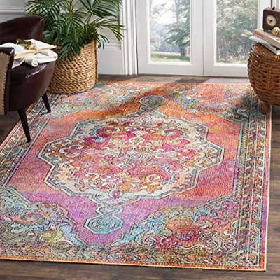 Abbildung von SAFAVIEH Boho Teppich für Wohnzimmer, Esszimmer, Schlafzimmer Crystal Collection, Kurzer Flor, Orange und Hellblau, 91 X 152 cm