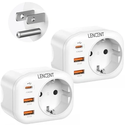 Abbildung von LENCENT 2X Reiseadapter Netzadapter USA Adapter Amerika Deutschland Stecker, mit 2 USB QC3,0 + 1 Typ C PD Anschlüße, B Reisestecker Stromadapter für Kanada Mexiko Steckdose