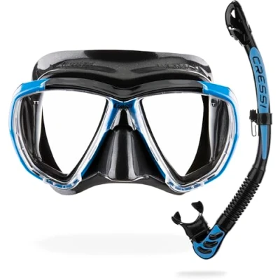 Abbildung von CRESSI Combo Big Eyes+Alpha U.D. Black/Azure Unisex Maske Außergewöhnliche Sichtbarkeit Eyes und Trockenschnorchel Alpha Ideal zum Tauchen, Schnorcheln, Schwarz/Azurblau, Einheitsgröße