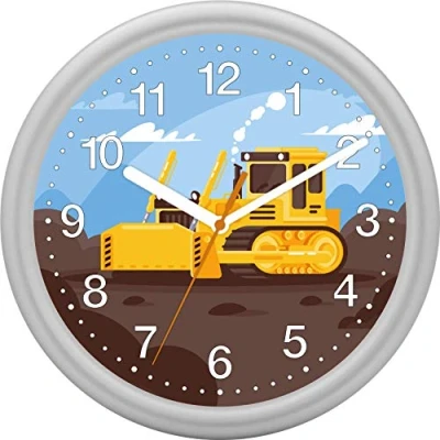 Abbildung von Eurotime Wanduhr für Jungen mit Planierraupe Baustelle, Silber, Quarzwanduhr, 25 cm, Kunststoffgehäuse und Kunststoffglas, 12 Zahlen Zifferblatt, geräuscharme Uhr, kein Ticken, 82146 07