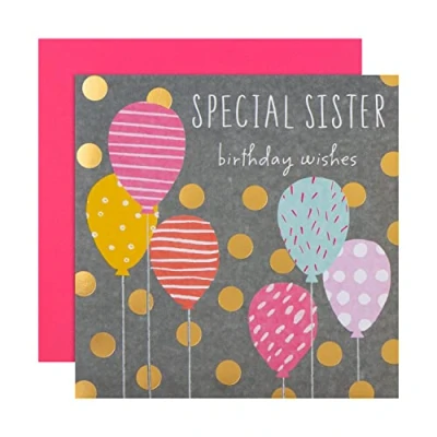 Abbildung von Hallmark Geburtstagskarte für Schwester Modernes gemustertes Luftballons Design, Beige Gold Blau Schwarz Rosa
