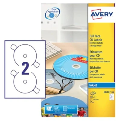 Abbildung von Avery Zweckform, J8676 100, CD Etiketten, 100 Blatt, SuperSize Spezialformat, bis 2880 dpi, schnell trocknend, spezielbeschichtet, ø 117 mm