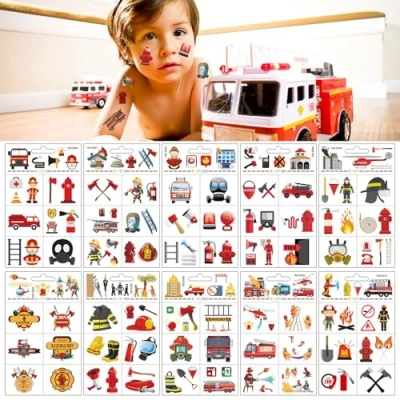 Abbildung von 10 Blätter Feuerwehr Tattoo Kinder, Kinder Tattoos zum Aufkleben, Fireman Temporäre Set, Hautfreundliche Kindertattoos als Geschenk, Wasserdichte Sticker für Mädchen Jungen