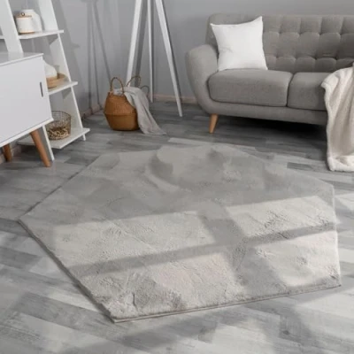 Abbildung von TT Home Wohnzimmer Teppich Hochflor Langflor Kunstfell Weich Modern Unifarben Flauschig, Farbe: Grau, Größe:150x170 cm Sechseckig