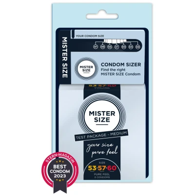 Abbildung von MISTER Size Kit Medium, 3 Kondome in verschiedenen Größen (53 57 60) und Condom Sizer zum Bestimmen der Kondomgröße