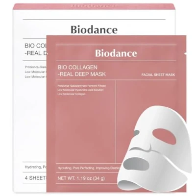 Abbildung von Biodance Bio Collagen Gesichtsmaske, 4 Blätter, 34 g, feuchtigkeitsspendend und straffend mit Hyaluronsäure Galaktomyceten