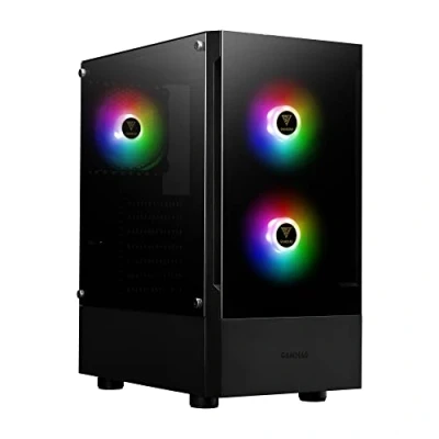 Abbildung von GAMDIAS ATX Mid Tower Gaming PC Gehäuse, Enthält 3 x 120 mm ARGB Lüfter, High Airflow Mesh Front, Gehärtetes Glas Seitenteil, PSU Abdeckung, Schwarz