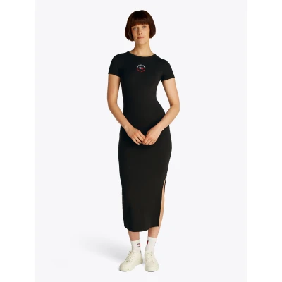 Abbildung von Tommy Jeans Jerseykleid TJW BODYCON LOGO 2 DRESS mit Logostickerei, Kurzarm, in Midi Länge