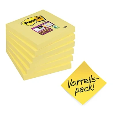 Abbildung von Post it Super Sticky Notes Kanariengelb, Packung mit 6 Blöcken, 90 Blatt pro Block, 76 mm x mm, Farbe: Gelb Extra stark klebende Notizzettel für Notizen, To Do Listen und Erinnerungen