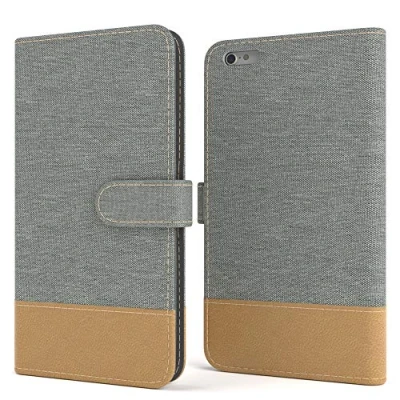 Abbildung von EAZY CASE Tasche kompatibel mit iPhone 6 Plus / 6S Stoff Schutzhülle Standfunktion Klapphülle im Bookstyle, Handytasche Handyhülle Magnetverschluss und Kartenfach, Kunstleder, Hellgrau