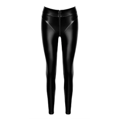 Abbildung von Noir Handmade F332 Ouvert Wetlook Leggings, Schwarze Leggings mit 2 Wege Reißverschluss: Dehnbares Material für komfortable Eleganz S