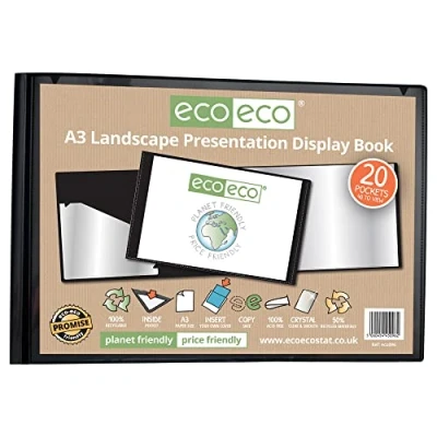 Abbildung von eco eco096 Präsentationsbuch, A3, 50% recycelt, 20 Taschen, Querformat, schwarze Präsentationshülle, Portfolio, Kunstmappe mit Kunststoffhüllen, Schwarz