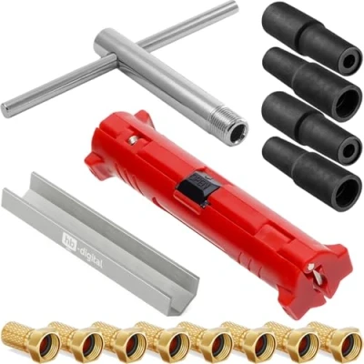 Abbildung von HB DIGITAL Sat Montage Set Abisolierer Montageschlüssel Aufdrehhilfe + 8x HQ F Stecker vergoldet mit Wasserschutz 4x Gummitülle Werkzeugset