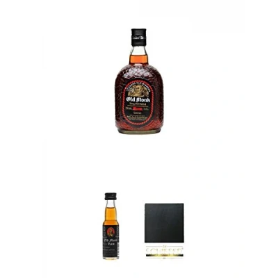 Abbildung von Old Monk 7 Jahre Indien 1,0 Liter + 0,05 Miniatur Schiefer Glasuntersetzer eckig ca. 9,5 cm Durchmesser
