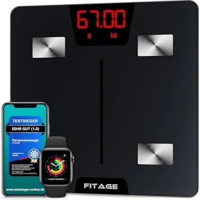 Abbildung von FITAGE Personenwaage digital Testsieger 2024, Körperwaage bis 180kg, Körperfettwaage mit 17 Körpermesswerte, Körperanalyse App, Waage Körperfett und Muskelmasse, 28 x 28cm Schwarz