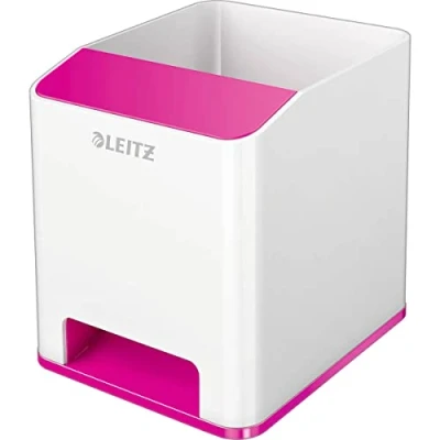 Abbildung von Leitz Sound Stifteköcher mit Soundverstärkungsfunktion, Stiftehalter inkl. Smartphone Fach Weiß/Pink, Duo Colour, WOW, 53631023