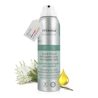 Abbildung von TITANIA® Fußspray 150ml Vorbeugender Schutz gegen Fußpilz, Erfrischt &amp; Pflegt, Absorbiert Feuchtigkeit Vegan, mikroplastikfreie Rezeptur, mit Ätherischen Ölen