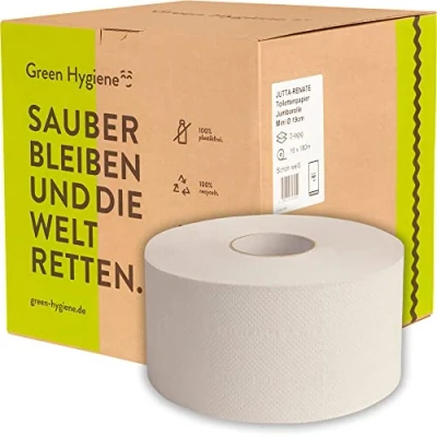 Abbildung von Green Hygiene JUTTA RENATE, Jumbo Toilettenpapier, 2 lagig, Recycling, schön weiß, 180m, 9x22cm, Ø Rolle: 19cm, 16 Rollen/VE, Jumborolle, Klopapier, co2 neutralisiert, plastikfrei