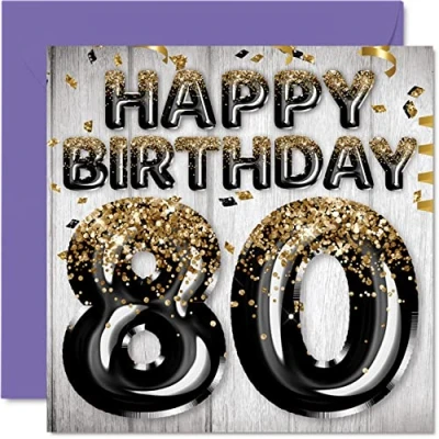 Abbildung von Geburtstagskarte zum 80. Geburtstag für Männer schwarze und goldene Glitzerballons Happy Karten 80 Jahre alten Mann Papa Great Grandad Grandpa Gran 145 mm Grußkarten Geschenk
