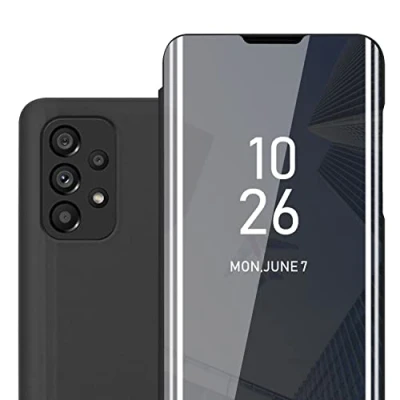 Abbildung von Cadorabo Hülle kompatibel mit Samsung Galaxy A53 5G in TURMALIN SCHWARZ Clear View Spiegel Schutzhülle Standfunktion 360 Grad Schutz