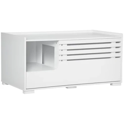 Abbildung von PawHut Katzentoilette Katzenhaus mit Magnettür Beistelltischerhöhtes Design, Weiß, MDF, 90B x 48T 43.5H cm