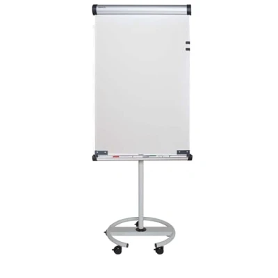 Abbildung von Maul Flipchart MAULsolid flip2use 66x97cm Mobiles Whiteboard mit 5 Fußrollen und Rundfuß Drehbare Tafel Blockhalter großer Ablageschale für Marker Hoch Querformat Grau